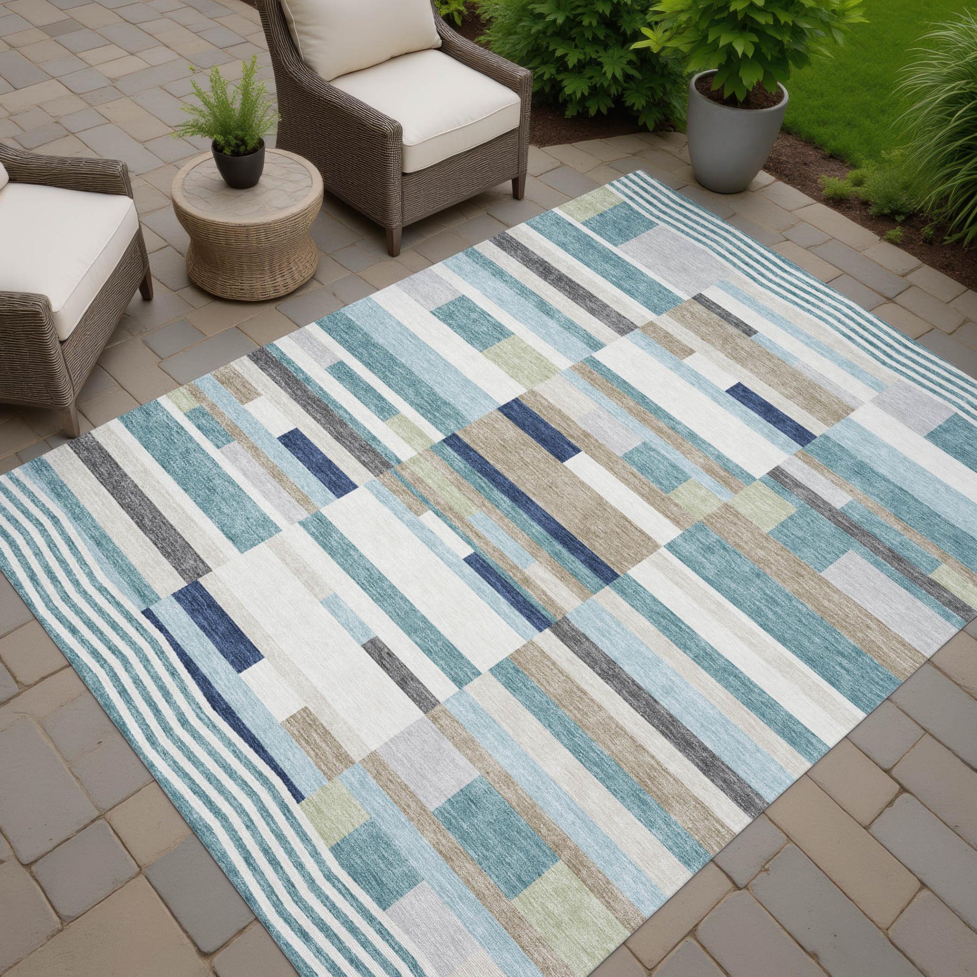 9' X 12' Teal Blue And Silver Striped Washable Indoor Outdoor Area Rug Homeroots Outdoor