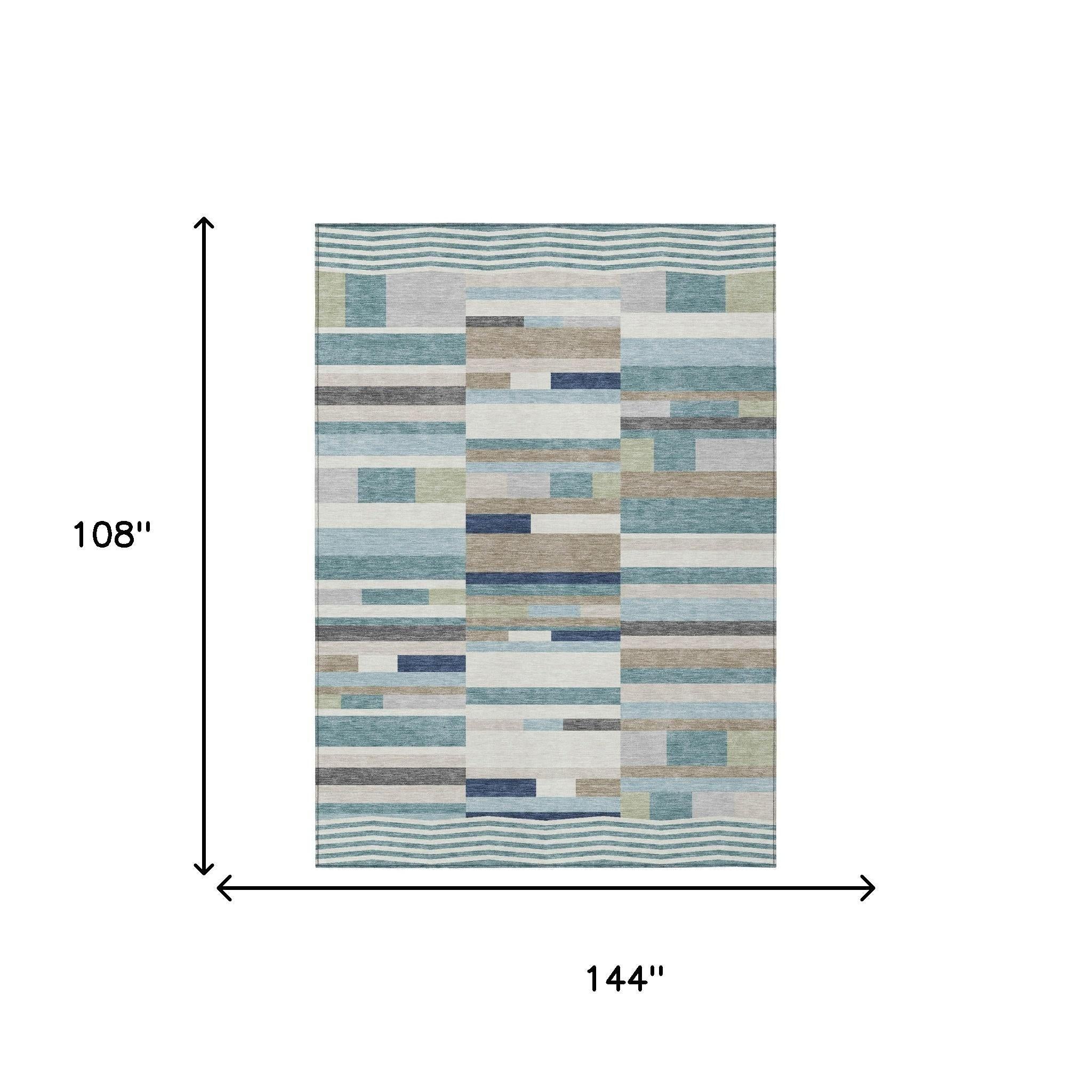 9' X 12' Teal Blue And Silver Striped Washable Indoor Outdoor Area Rug Homeroots Outdoor