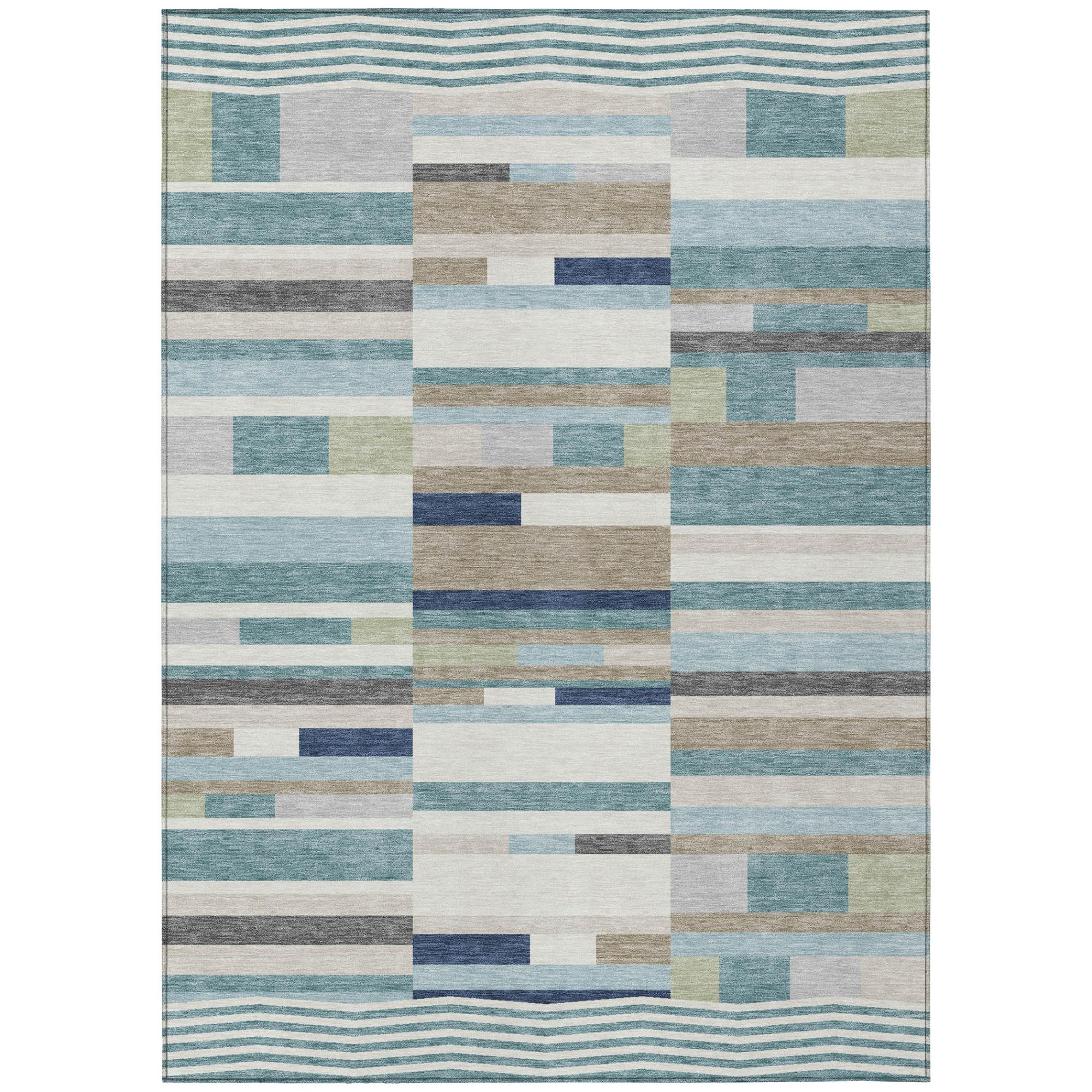 9' X 12' Teal Blue And Silver Striped Washable Indoor Outdoor Area Rug Homeroots Outdoor