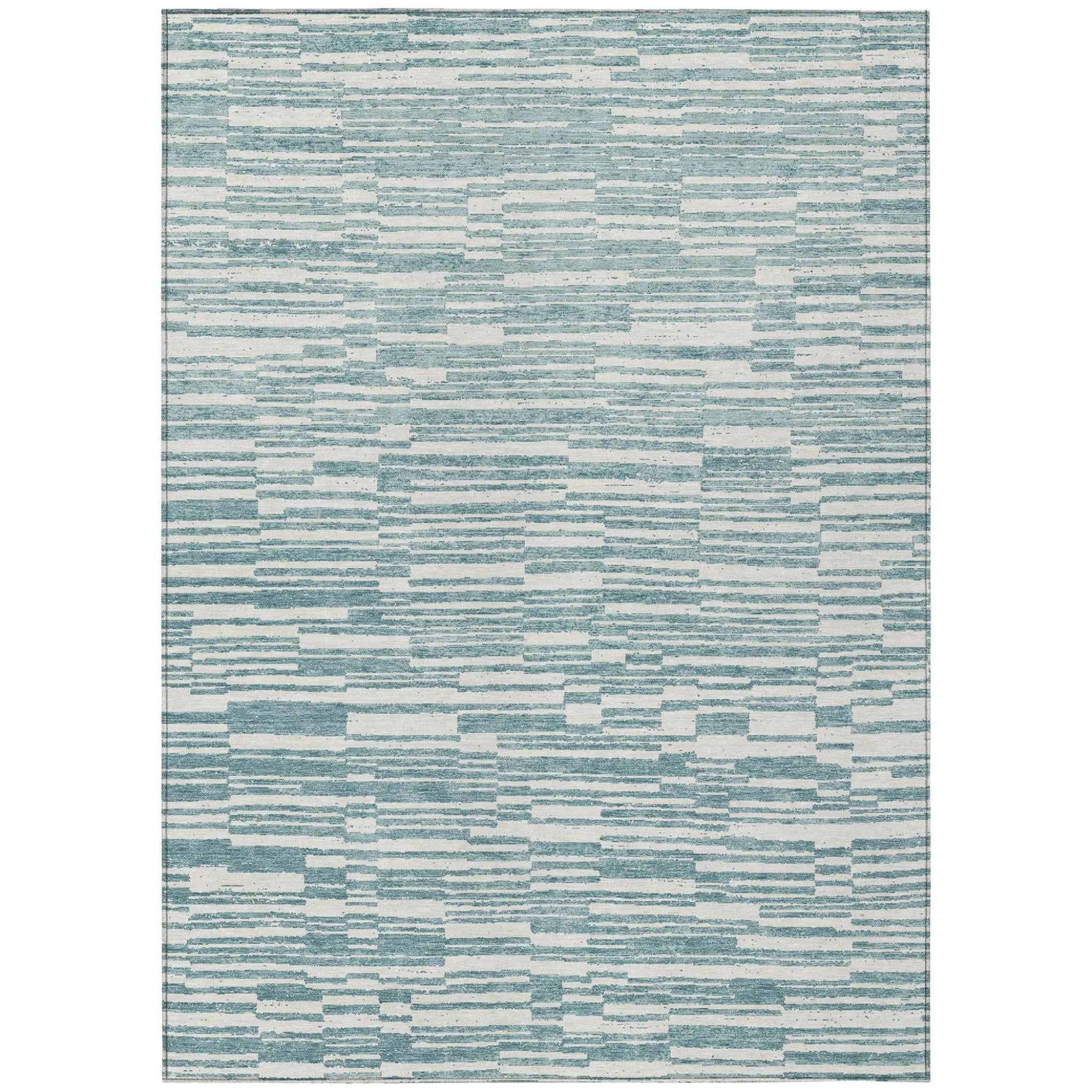 9' X 12' Teal Blue And Silver Striped Washable Indoor Outdoor Area Rug Homeroots Outdoor