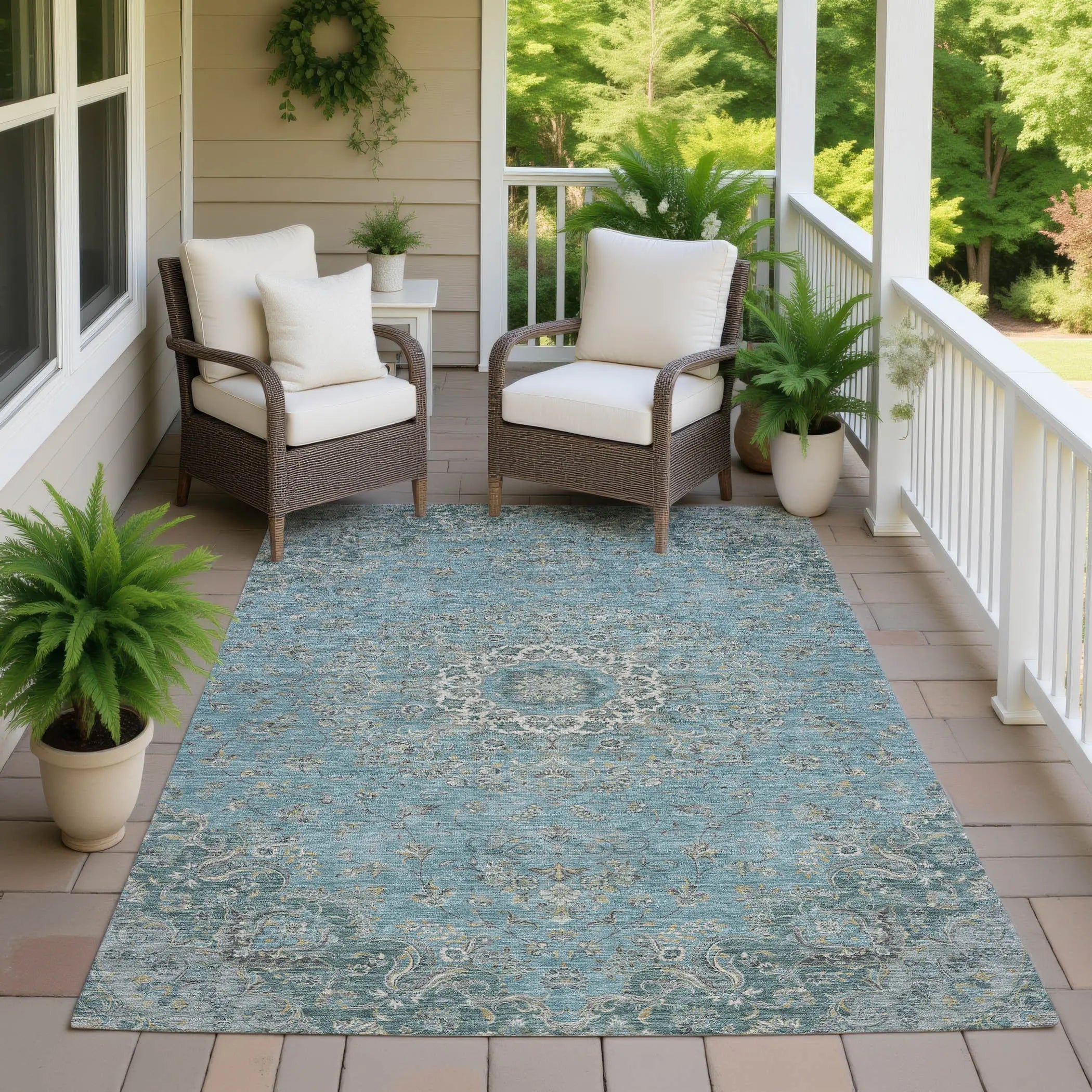 9' X 12' Teal Blue And Turquoise Floral Medallion Washable Indoor Outdoor Area Rug Homeroots Outdoor