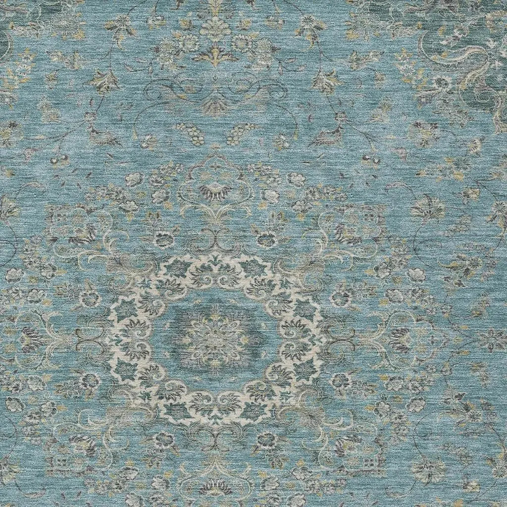 9' X 12' Teal Blue And Turquoise Floral Medallion Washable Indoor Outdoor Area Rug Homeroots Outdoor