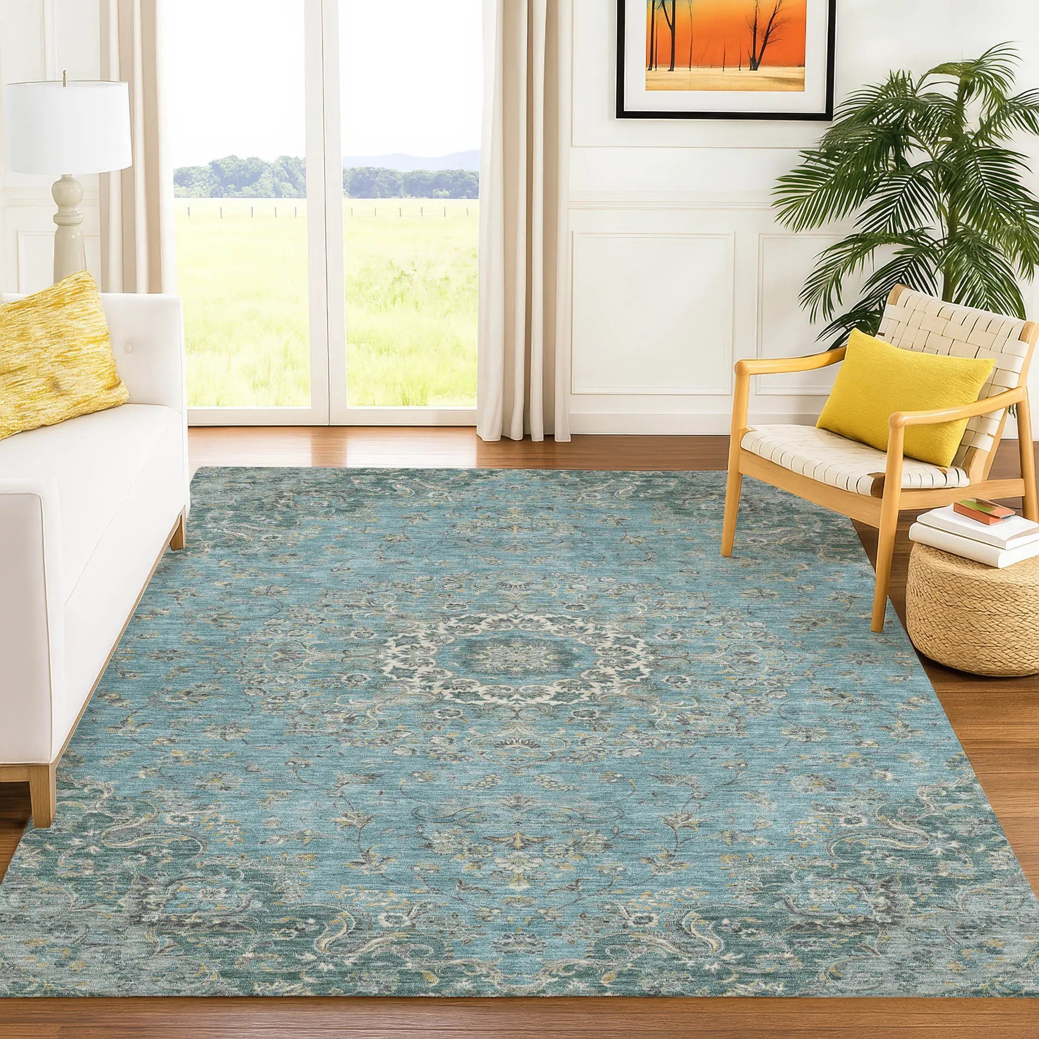 9' X 12' Teal Blue And Turquoise Floral Medallion Washable Indoor Outdoor Area Rug Homeroots Outdoor