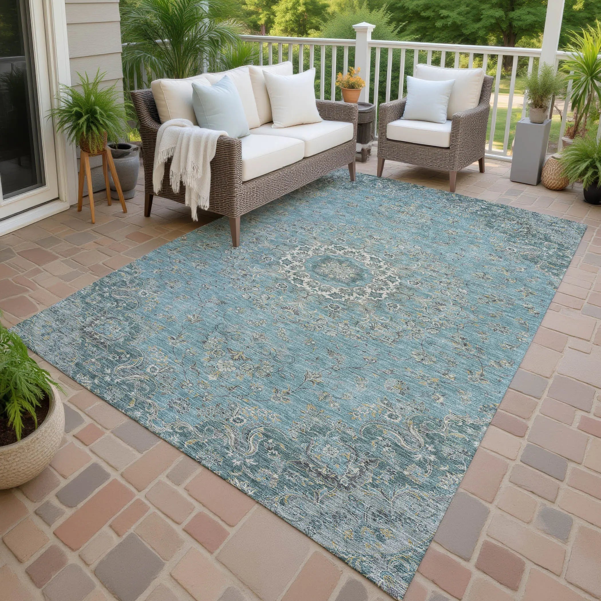 9' X 12' Teal Blue And Turquoise Floral Medallion Washable Indoor Outdoor Area Rug Homeroots Outdoor