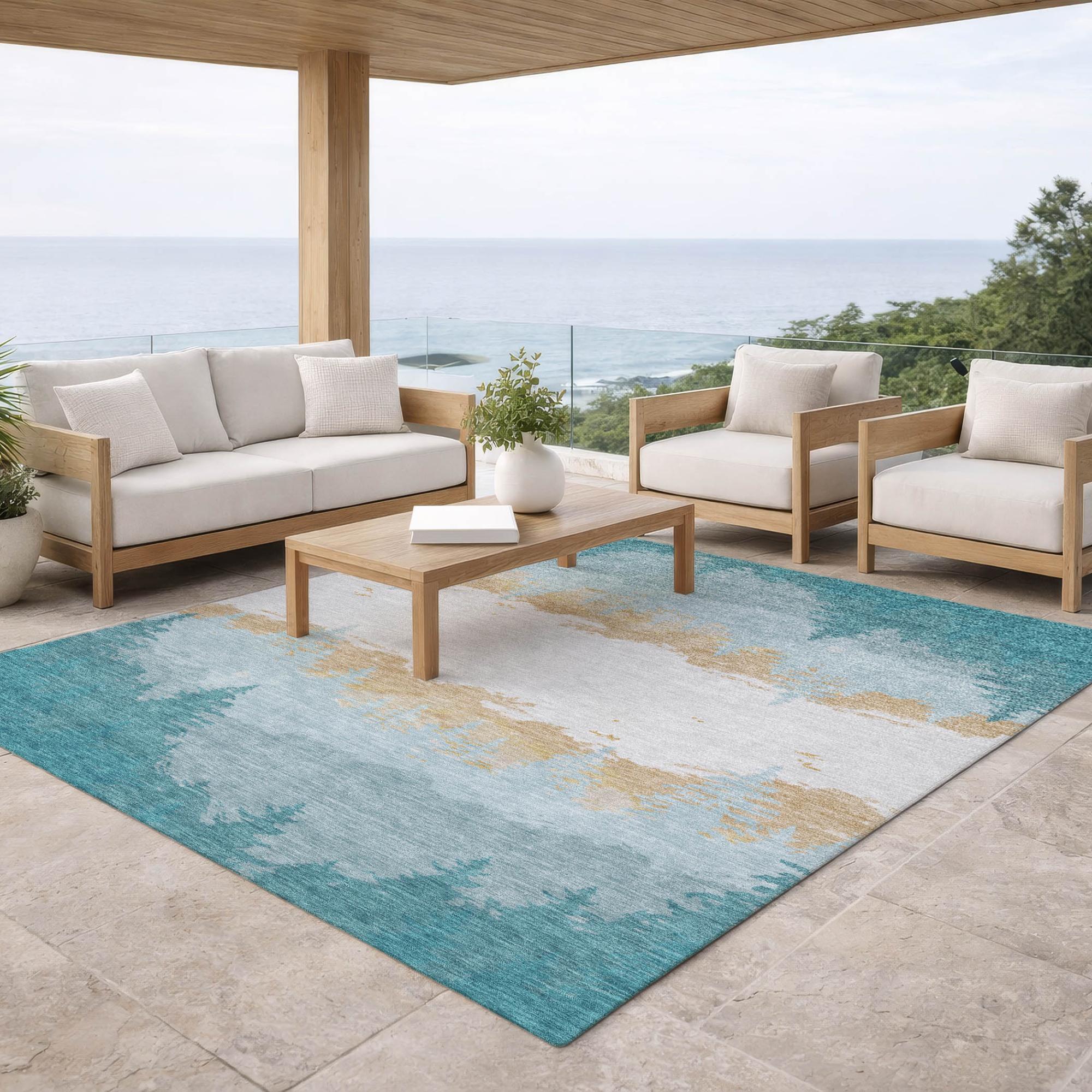 9' X 12' Teal Blue And Turquoise Floral Washable Indoor Outdoor Area Rug Homeroots Outdoor