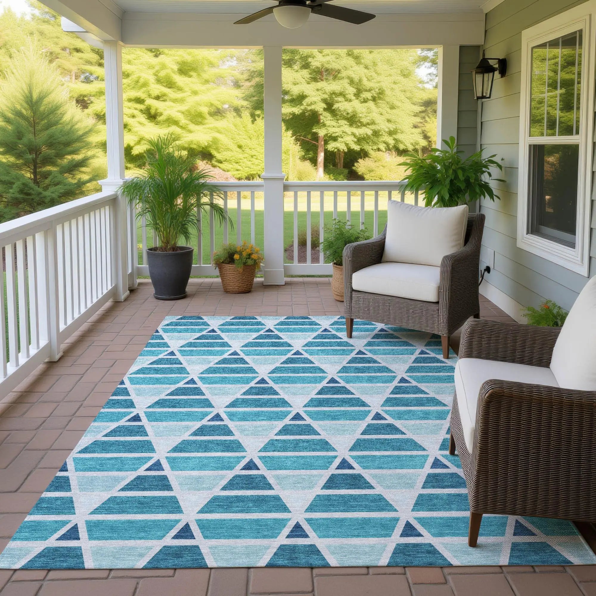 9' X 12' Teal Blue And Turquoise Geometric Washable Indoor Outdoor Area Rug Homeroots Outdoor