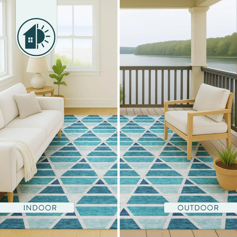 9' X 12' Teal Blue And Turquoise Geometric Washable Indoor Outdoor Area Rug Homeroots Outdoor