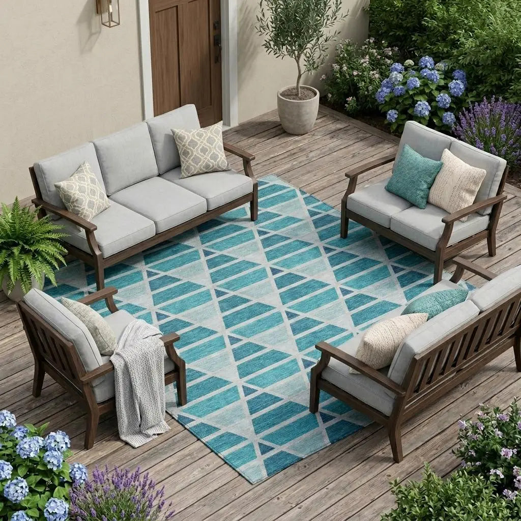9' X 12' Teal Blue And Turquoise Geometric Washable Indoor Outdoor Area Rug Homeroots Outdoor