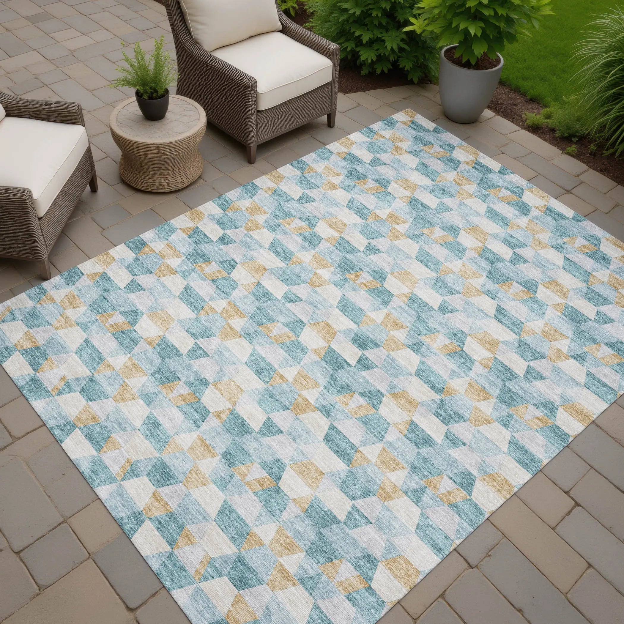 9' X 12' Teal Blue And Walnut Geometric Washable Indoor Outdoor Area Rug Homeroots Outdoor