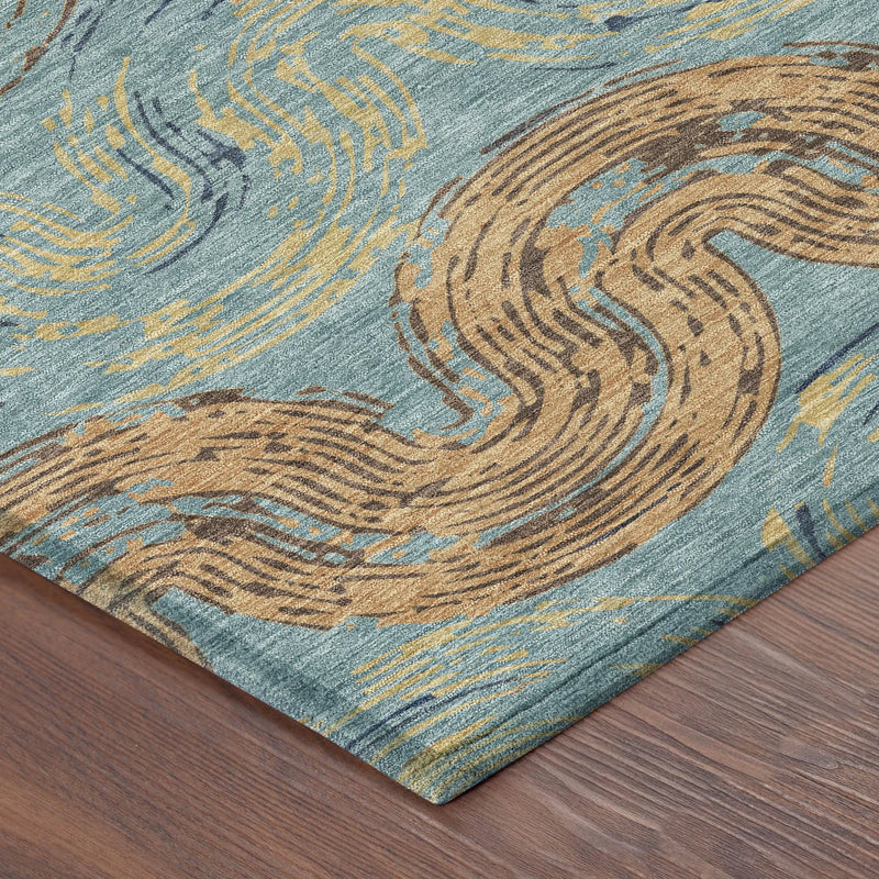 9' X 12' Teal Blue And Wheat Abstract Washable Indoor Outdoor Area Rug Homeroots Outdoor