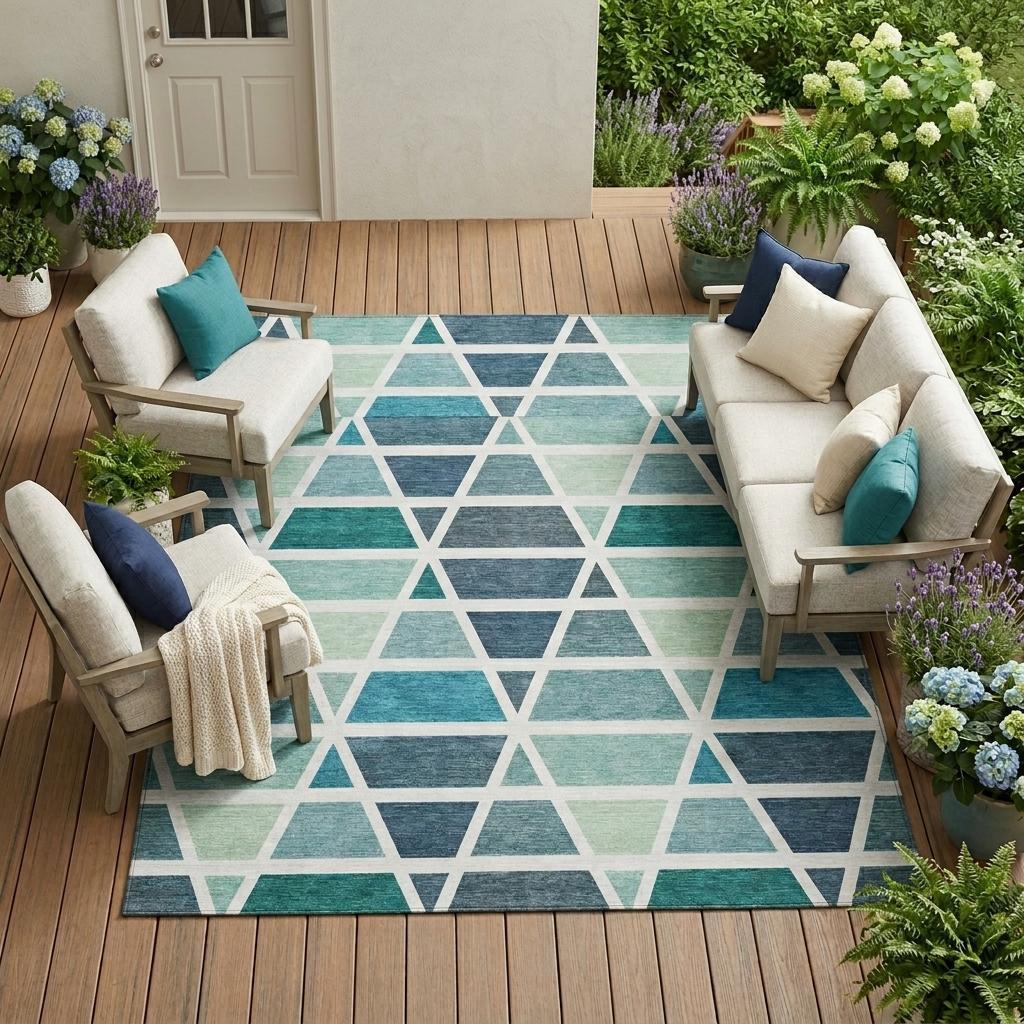 9' X 12' Teal Blue And White Geometric Washable Indoor Outdoor Area Rug Homeroots Outdoor