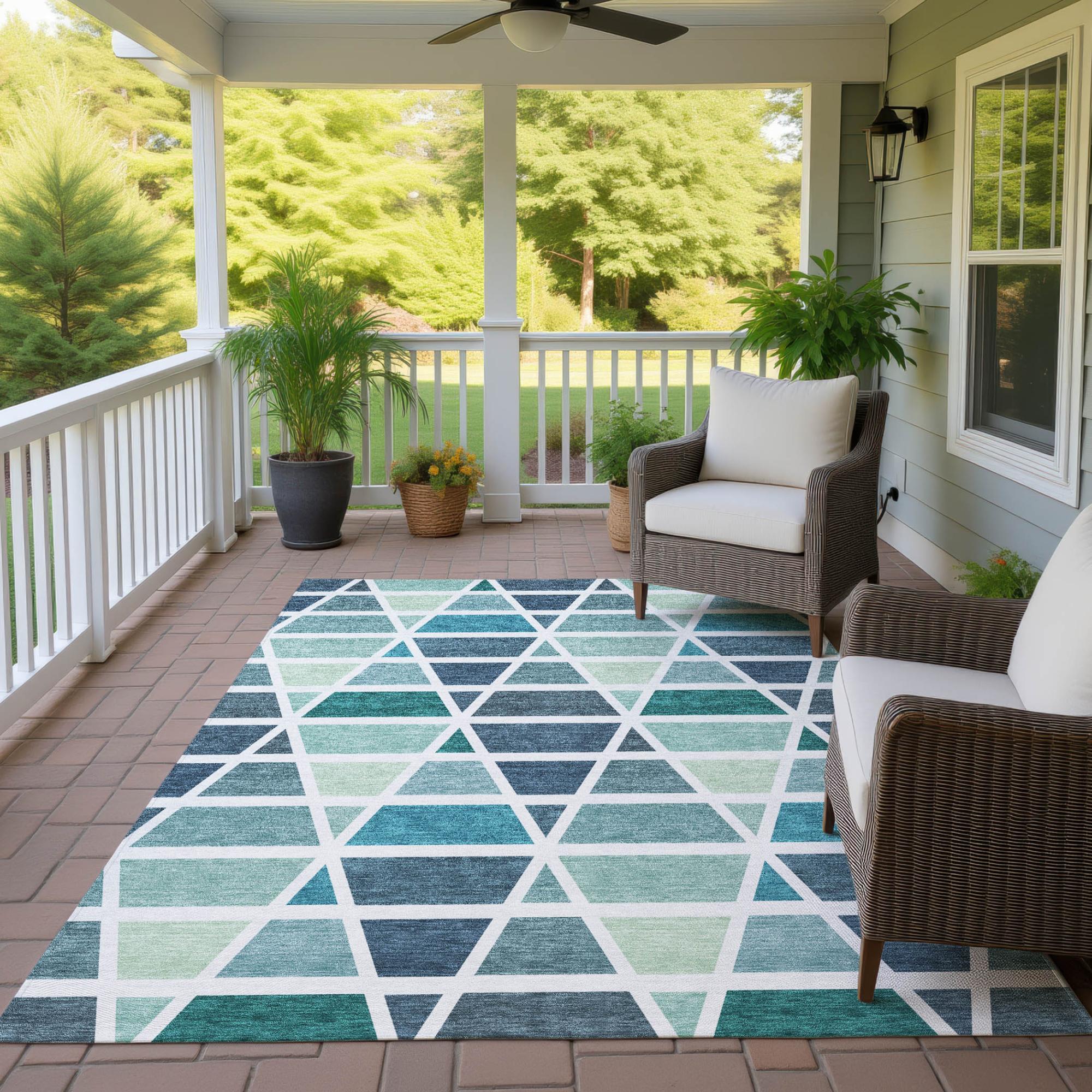 9' X 12' Teal Blue And White Geometric Washable Indoor Outdoor Area Rug Homeroots Outdoor
