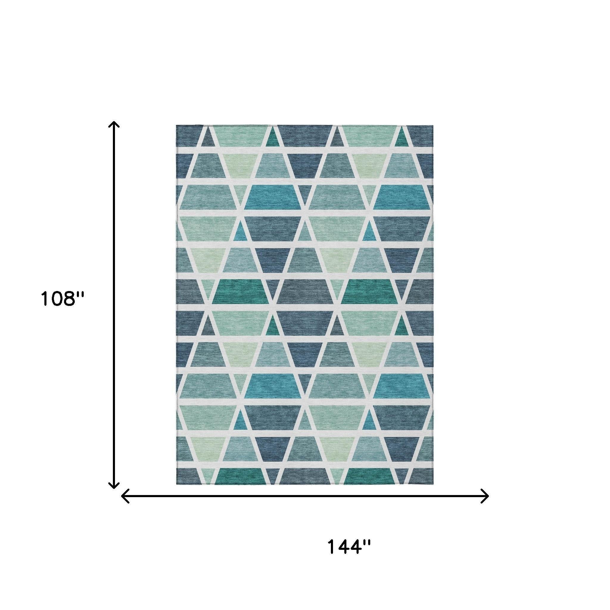 9' X 12' Teal Blue And White Geometric Washable Indoor Outdoor Area Rug Homeroots Outdoor
