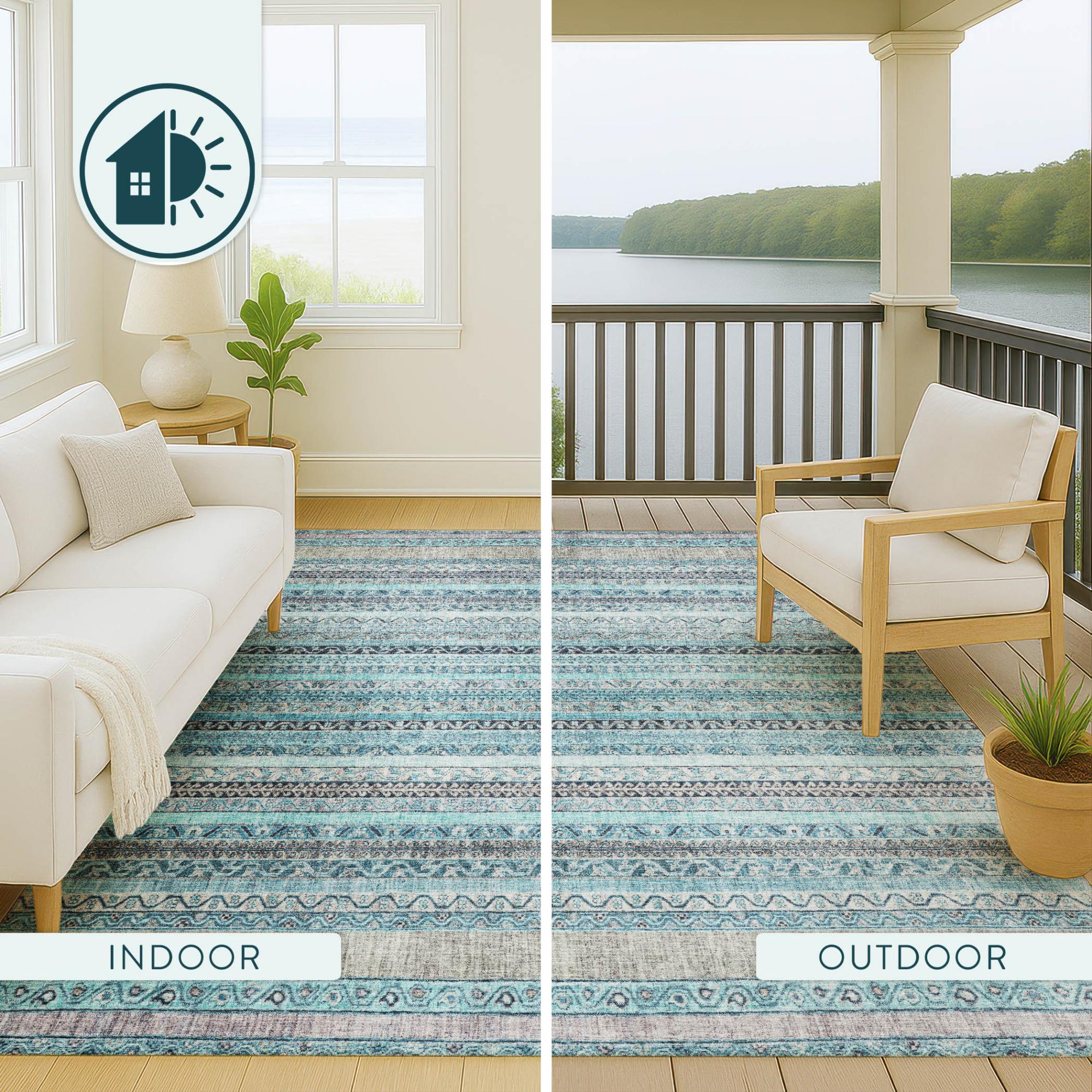 9' X 12' Turquoise And Teal Blue Striped Washable Indoor Outdoor Area Rug Homeroots Outdoor