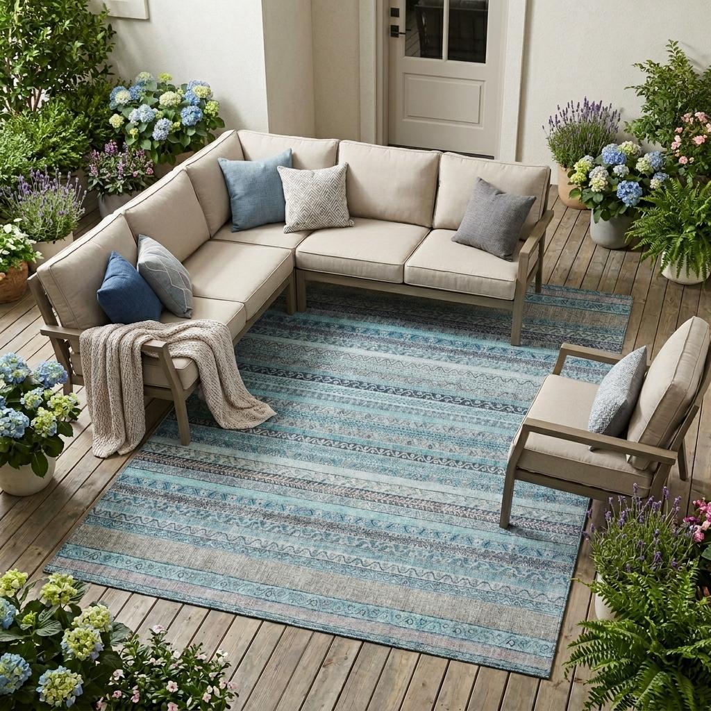 9' X 12' Turquoise And Teal Blue Striped Washable Indoor Outdoor Area Rug Homeroots Outdoor