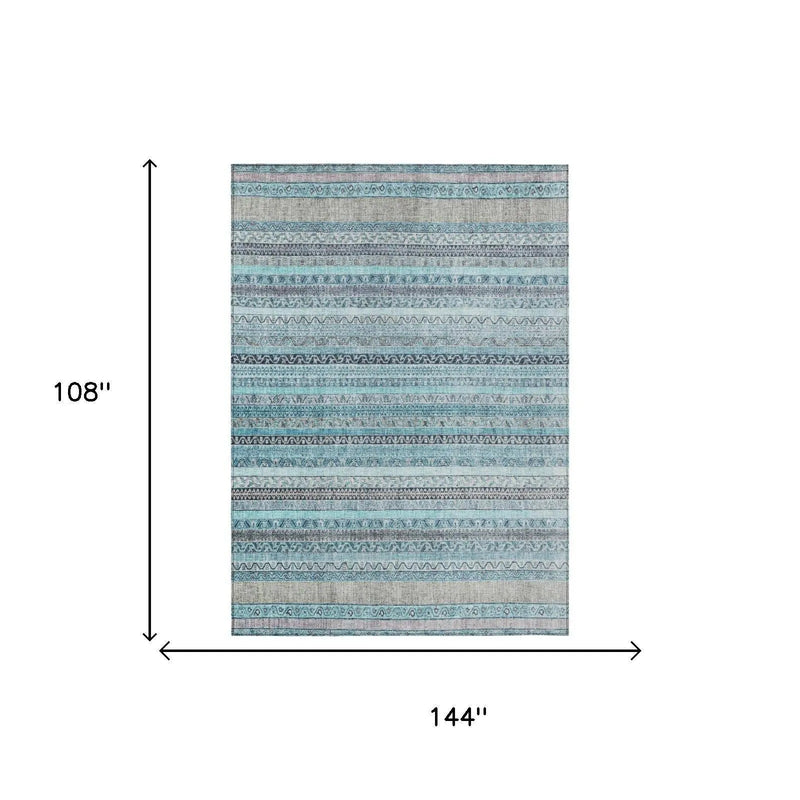 9' X 12' Turquoise And Teal Blue Striped Washable Indoor Outdoor Area Rug Homeroots Outdoor