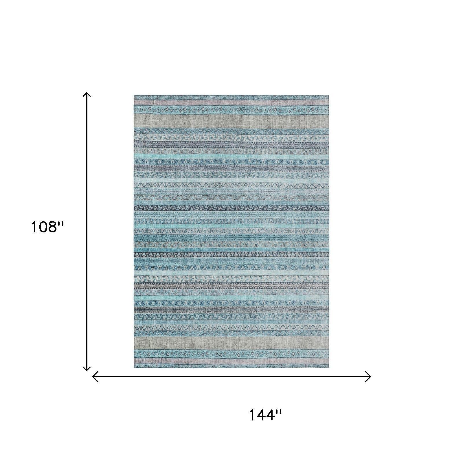 9' X 12' Turquoise And Teal Blue Striped Washable Indoor Outdoor Area Rug Homeroots Outdoor