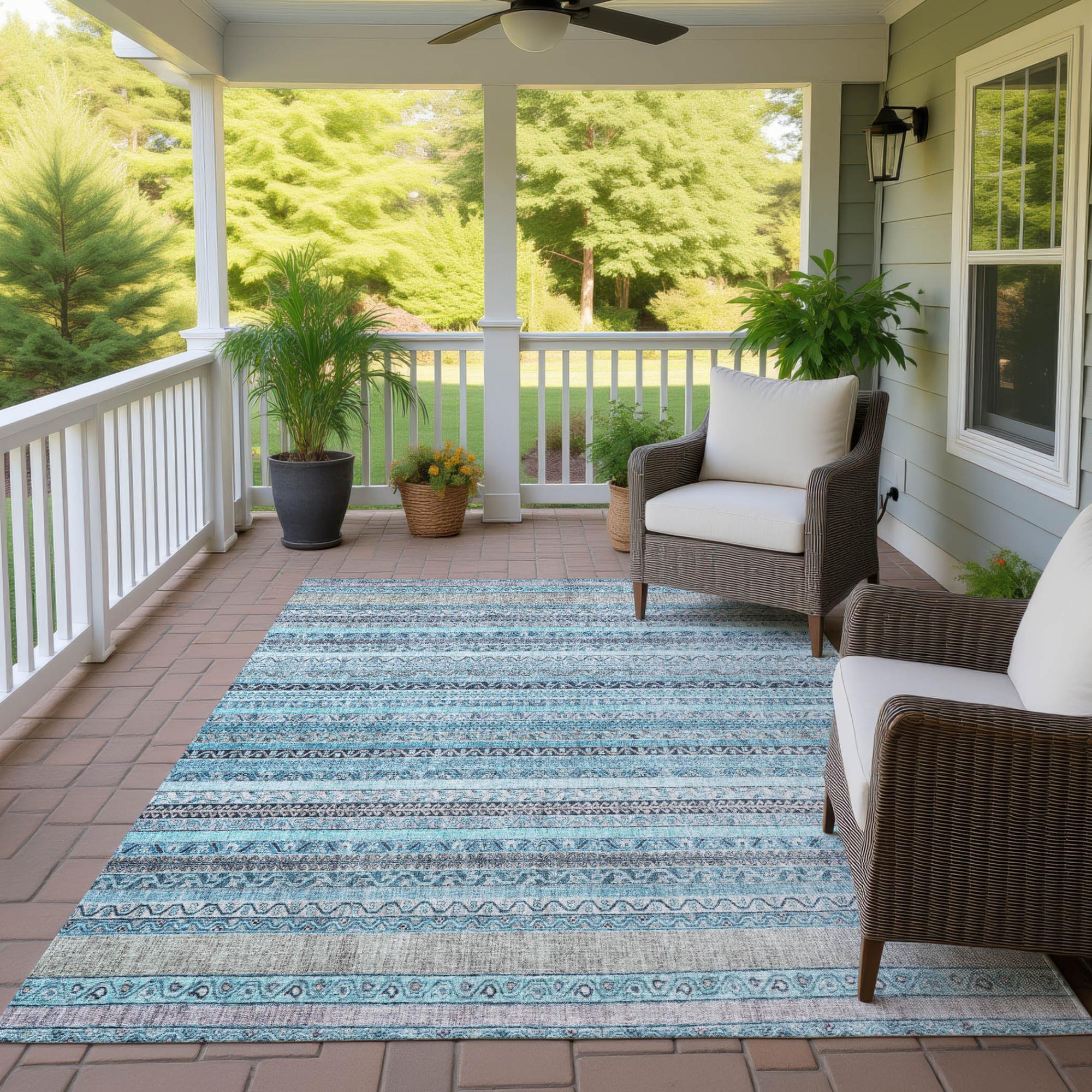 9' X 12' Turquoise And Teal Blue Striped Washable Indoor Outdoor Area Rug Homeroots Outdoor