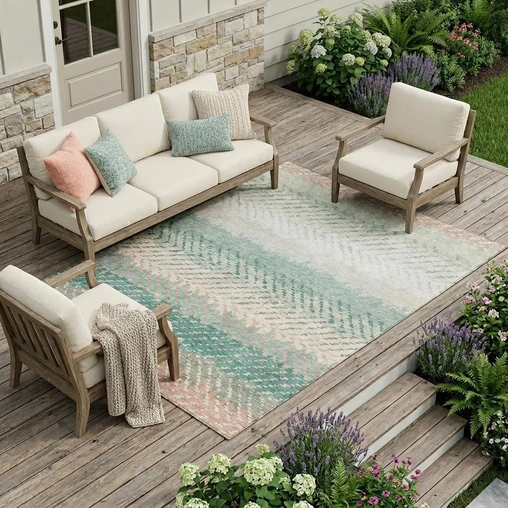 9' X 12' Turquoise And Teal Blue Striped Washable Indoor Outdoor Area Rug Homeroots Outdoor