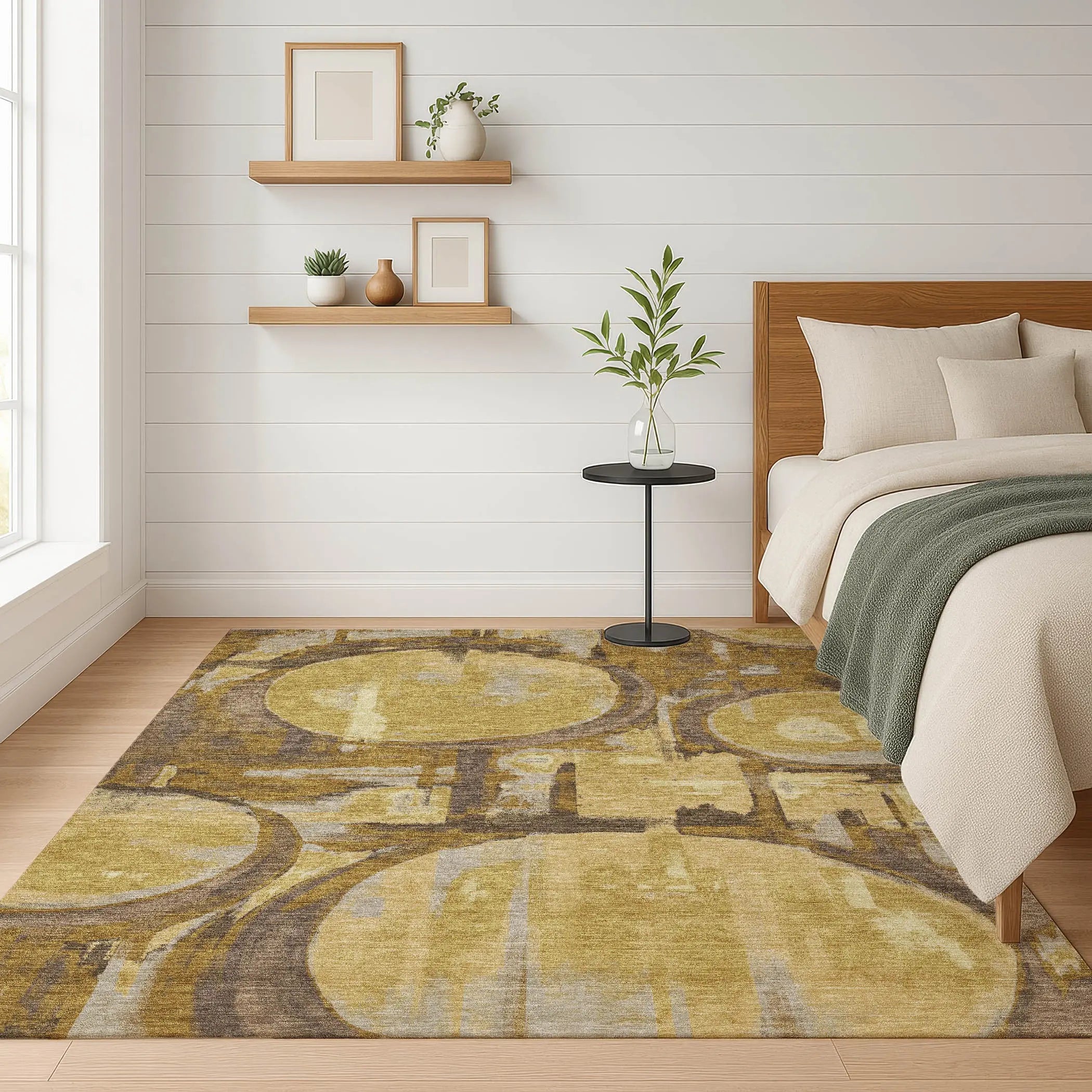9' X 12' Walnut And Gold Abstract Washable Indoor Outdoor Area Rug Homeroots Outdoor
