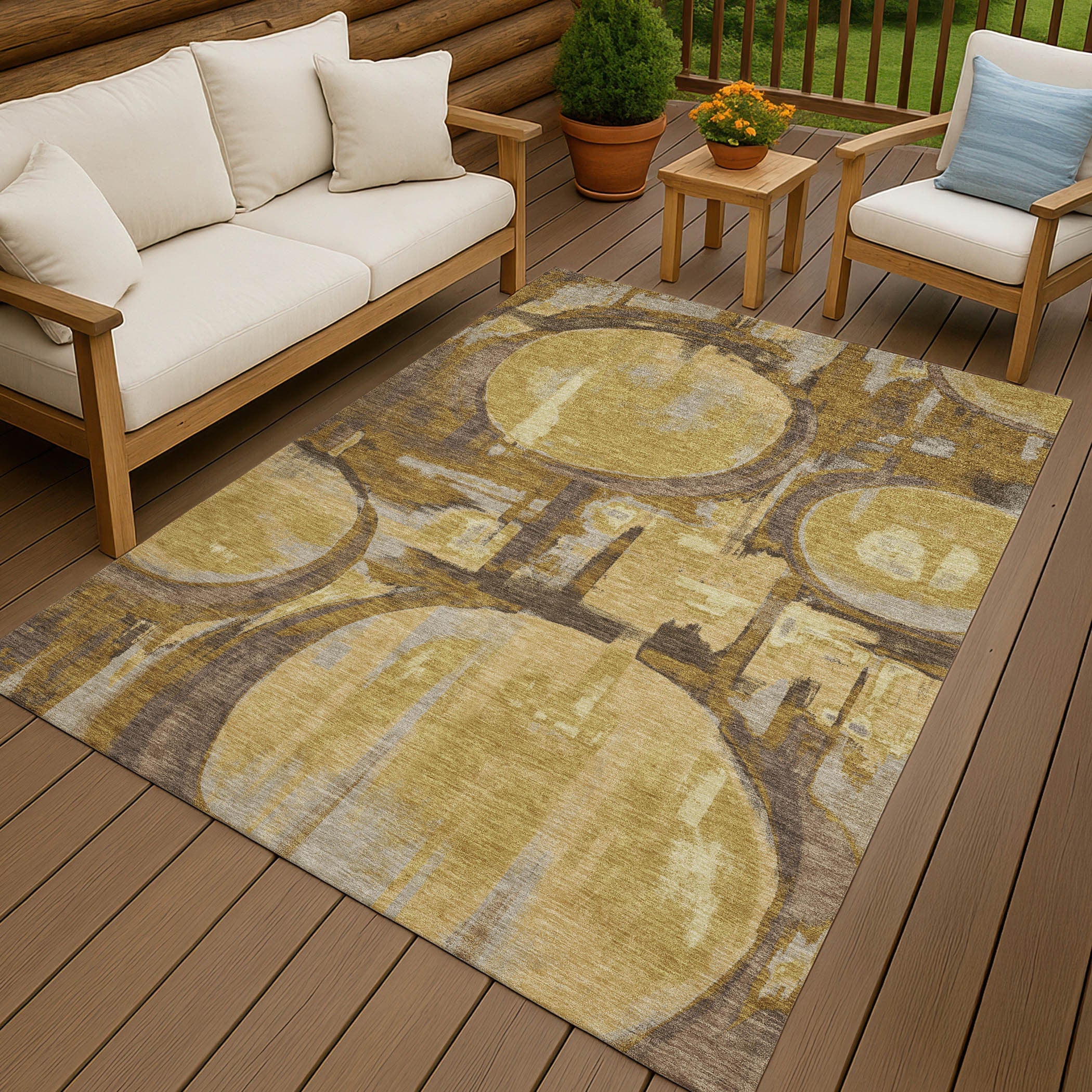 9' X 12' Walnut And Gold Abstract Washable Indoor Outdoor Area Rug Homeroots Outdoor