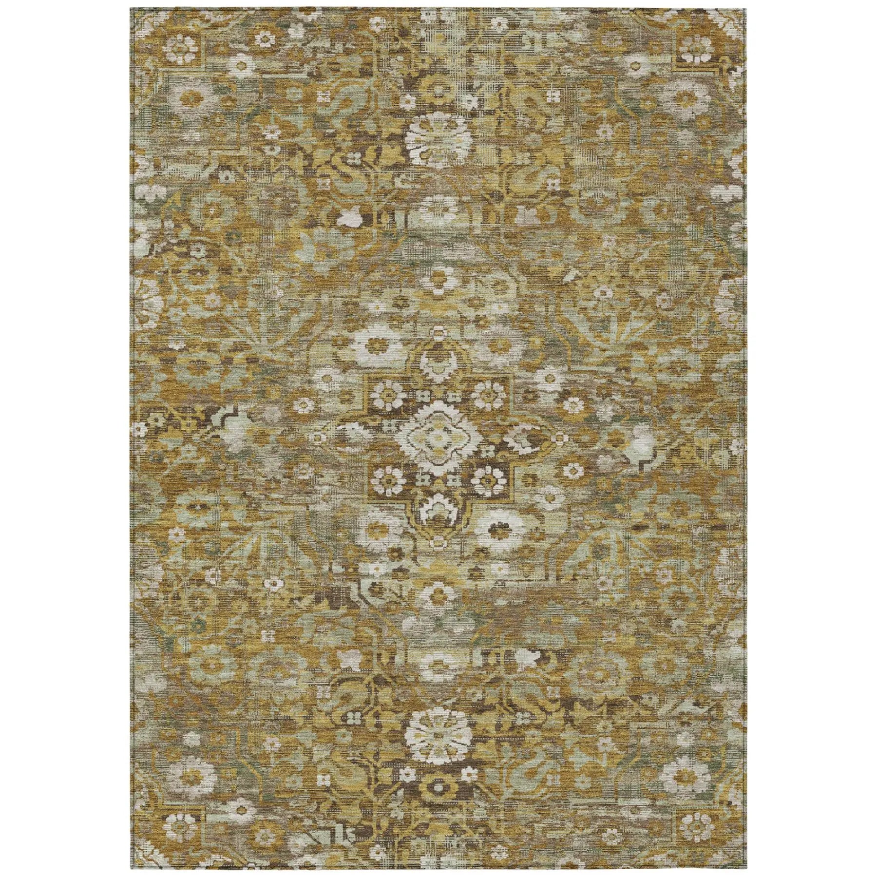 9' X 12' Walnut And Gold Floral Medallion Washable Indoor Outdoor Area Rug Homeroots Outdoor