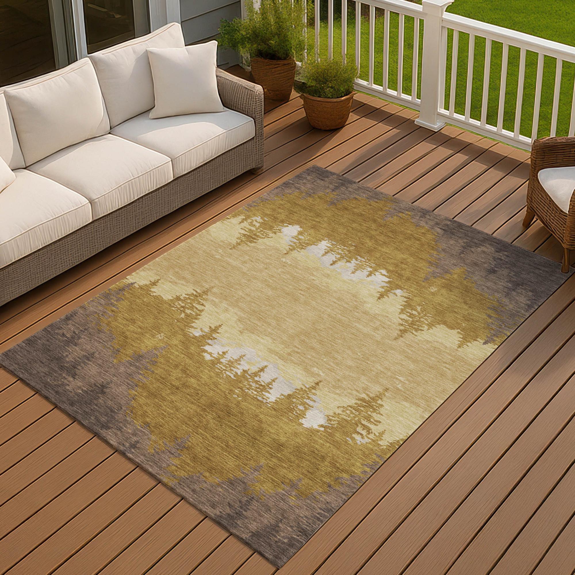 9' X 12' Walnut And Gold Floral Washable Indoor Outdoor Area Rug Homeroots Outdoor