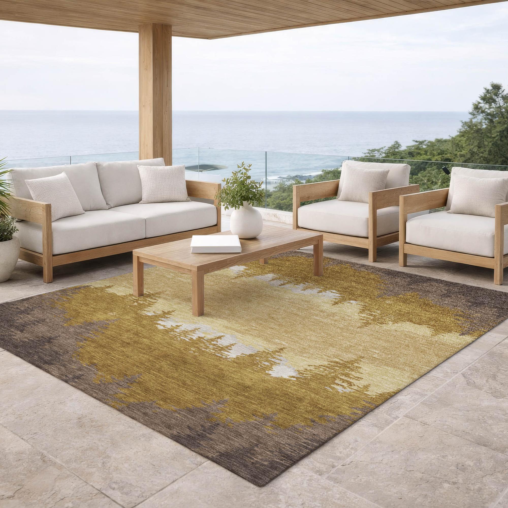 9' X 12' Walnut And Gold Floral Washable Indoor Outdoor Area Rug Homeroots Outdoor
