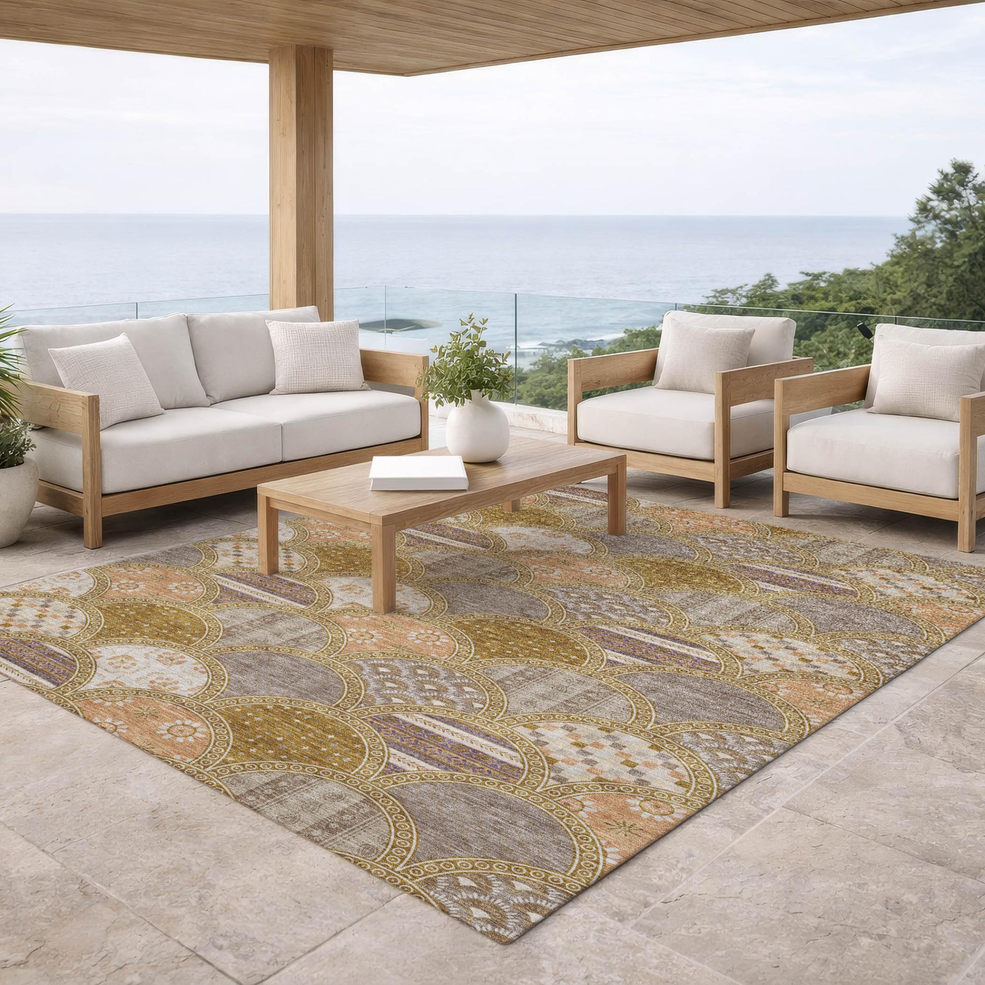 9' X 12' Walnut And Gold Geometric Washable Indoor Outdoor Area Rug Homeroots Outdoor