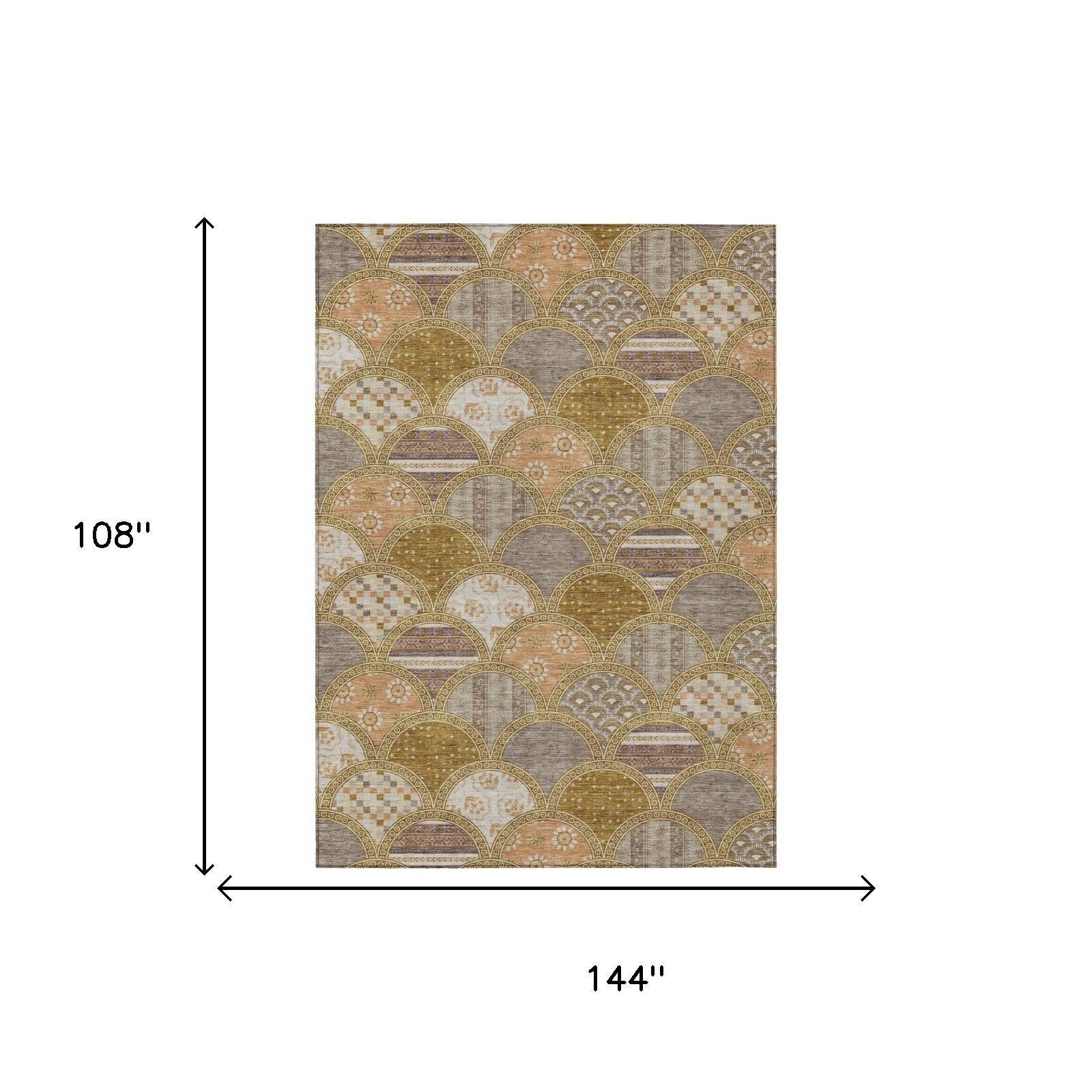9' X 12' Walnut And Gold Geometric Washable Indoor Outdoor Area Rug Homeroots Outdoor
