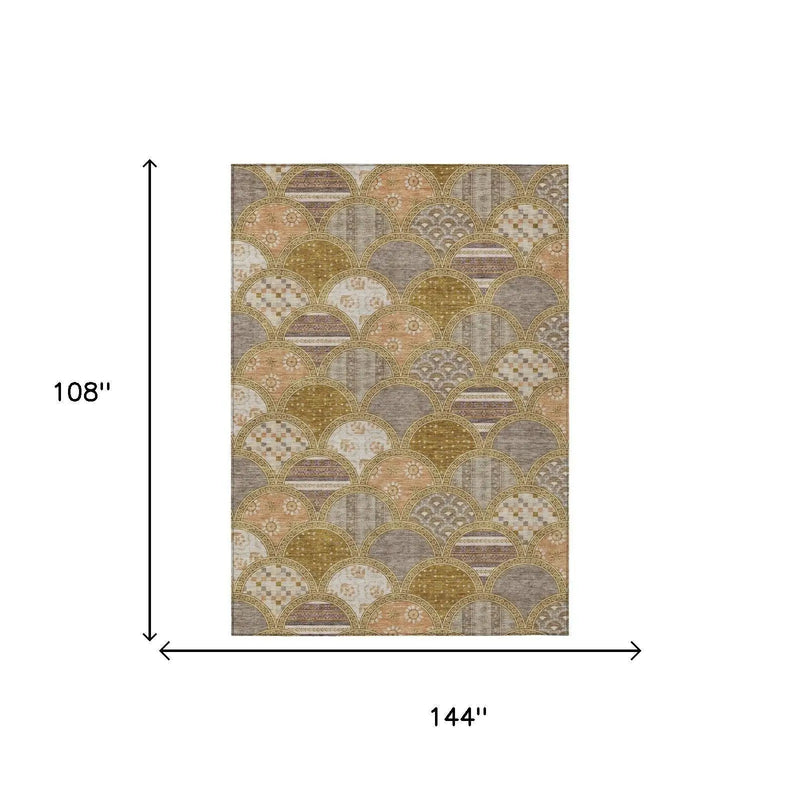 9' X 12' Walnut And Gold Geometric Washable Indoor Outdoor Area Rug Homeroots Outdoor