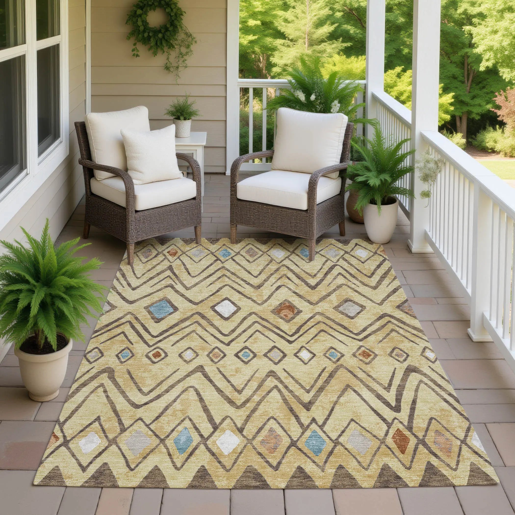 9' X 12' Wheat And Brown Geometric Washable Indoor Outdoor Area Rug Homeroots Outdoor