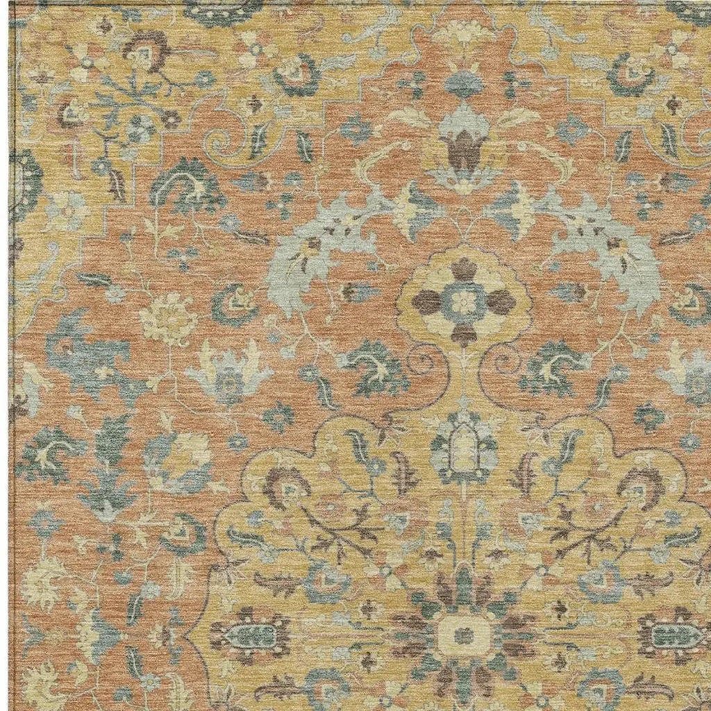 9' X 12' Wheat And Copper Floral Medallion Washable Indoor Outdoor Area Rug Homeroots Outdoor