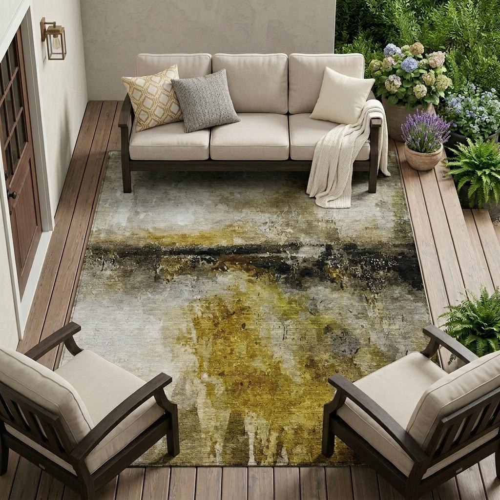 9' X 12' Wheat And Gold Abstract Washable Indoor Outdoor Area Rug Homeroots Outdoor