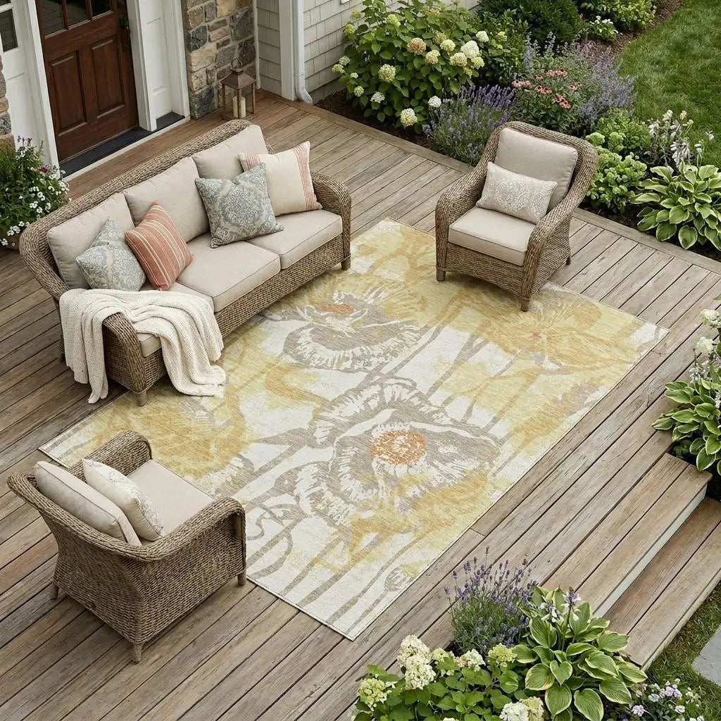 9' X 12' Wheat And Gold Floral Washable Indoor Outdoor Area Rug Homeroots Outdoor