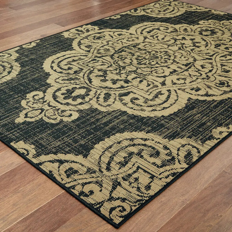 9' X 13' Black and Tan Oriental Stain Resistant Indoor Outdoor Area Rug Homeroots Outdoor