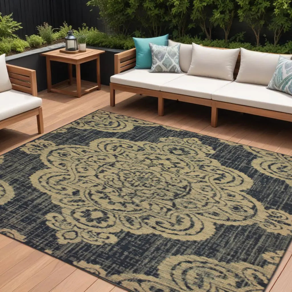 9' X 13' Black and Tan Oriental Stain Resistant Indoor Outdoor Area Rug Homeroots Outdoor