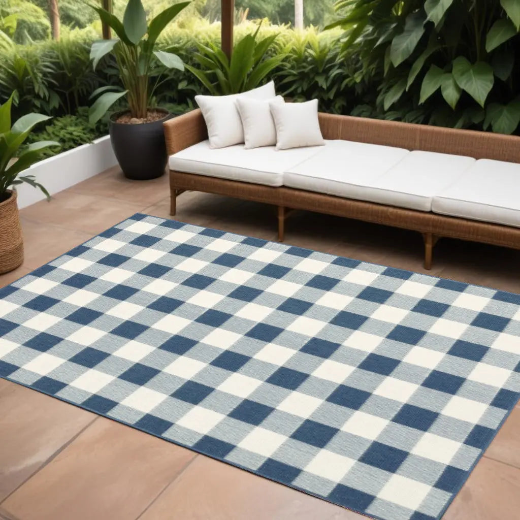 9' X 13' Blue and Ivory Geometric Stain Resistant Indoor Outdoor Area Rug Homeroots Outdoor
