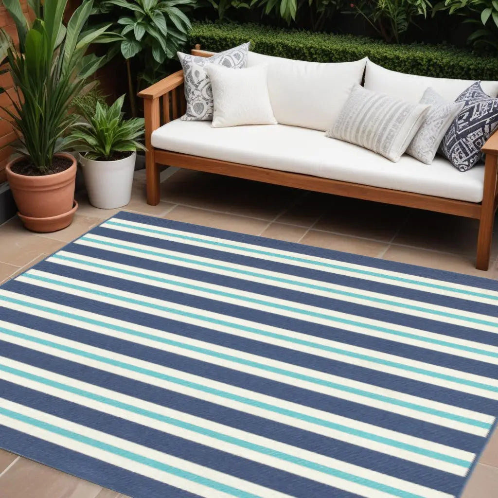 9' X 13' Blue and Ivory Geometric Stain Resistant Indoor Outdoor Area Rug Homeroots Outdoor
