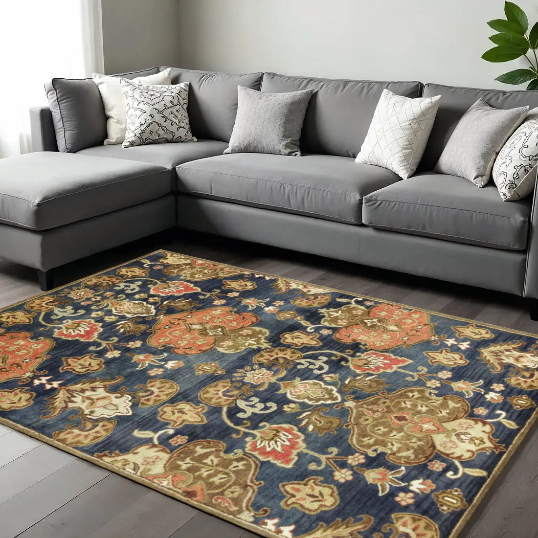 9' X 13' Navy Blue Orange And Brown Wool Medallion Hand Tufted Area Rug Homeroots Home Decor