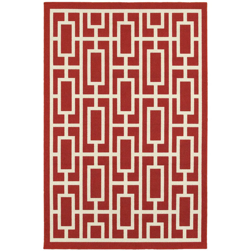 9' X 13' Red and Ivory Geometric Stain Resistant Indoor Outdoor Area Rug Homeroots Outdoor