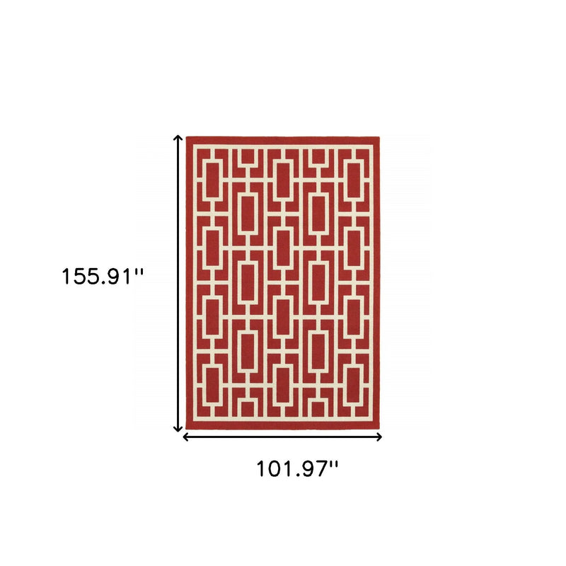 9' X 13' Red and Ivory Geometric Stain Resistant Indoor Outdoor Area Rug Homeroots Outdoor