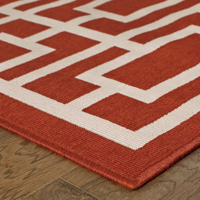 9' X 13' Red and Ivory Geometric Stain Resistant Indoor Outdoor Area Rug Homeroots Outdoor