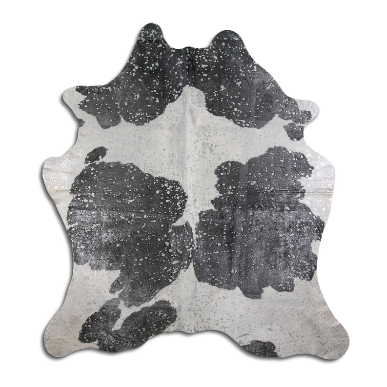 ACID WASHED HAIR ON COWHIDE SILVER METALLIC ON BLACK AND WHITE MODA-DBK