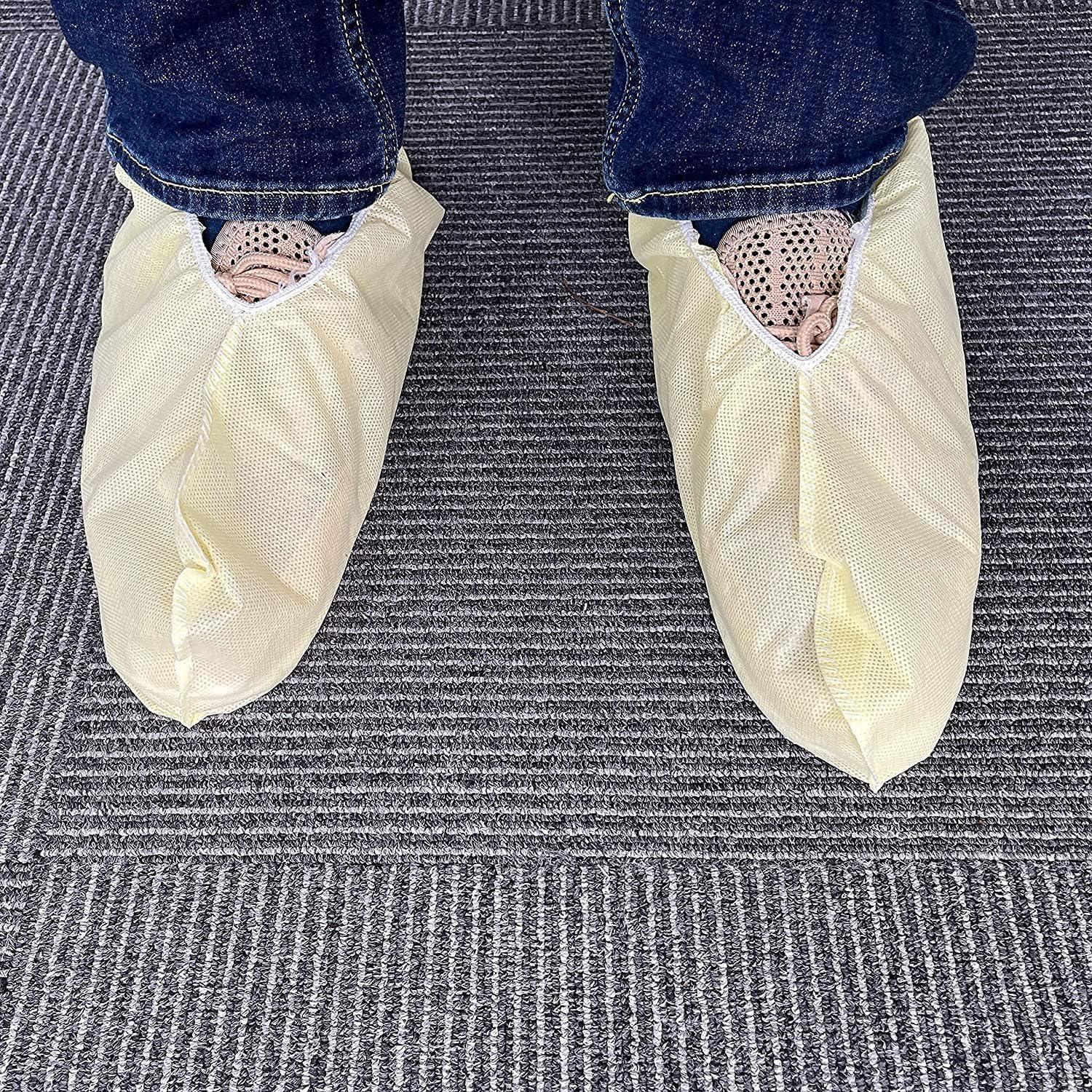 AMZ Disposable Shoe Covers Knee Length. 20 Pack Yellow Surgical Boot Covers Disposable. PP   PE 82 GSM Waterproof Shoe Booties Disposable. Disposable Boot Covers with Fixation Ties Elastic Band Amz Medical Supply
