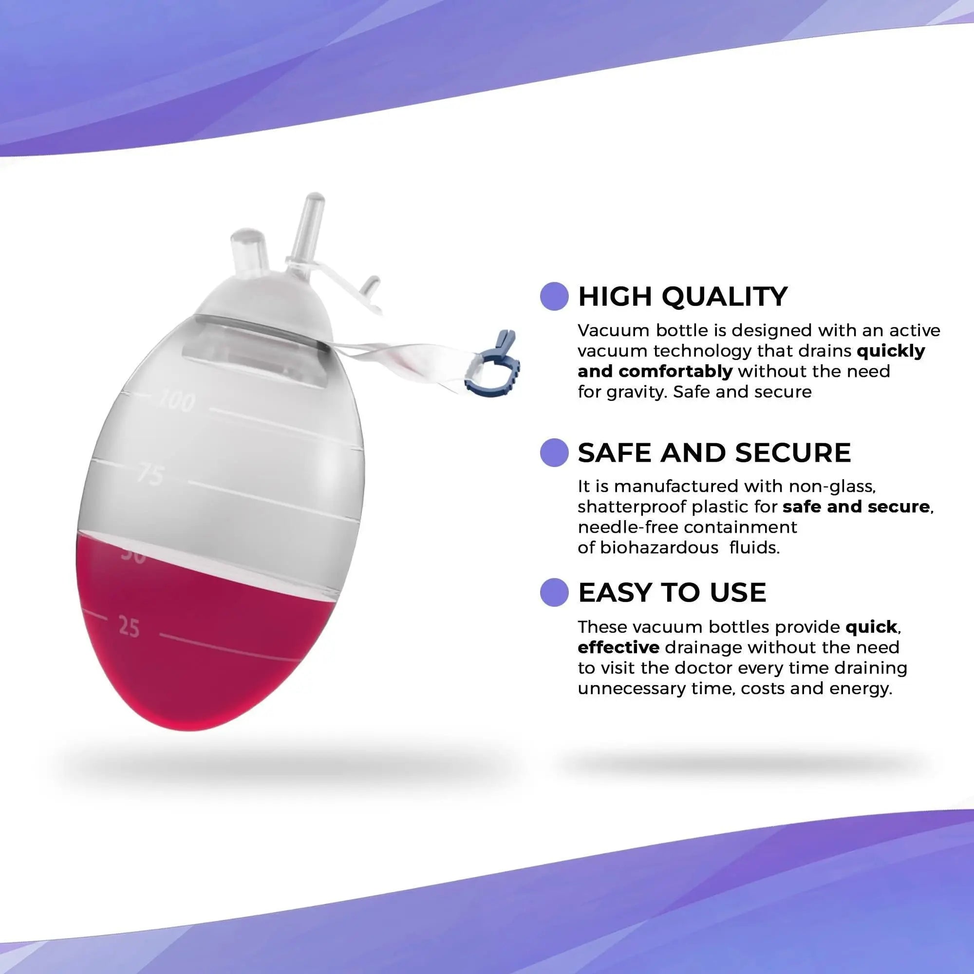 AMZ Medical Supply Silicone Vacuum Suction Bulb 100 Ml. Oval Shape Wound Drainage Reservoir. Needle Free Silicone Vacuum Evacuator. Non Glass Portable Medical Suction for Clinics Home Treatment Amz Medical Supply