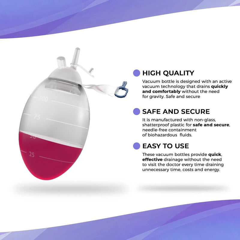 AMZ Medical Supply Silicone Vacuum Suction Bulb 100 Ml. Oval Shape Wound Drainage Reservoir. Needle Free Silicone Vacuum Evacuator. Non Glass Portable Medical Suction for Clinics Home Treatment Amz Medical Supply