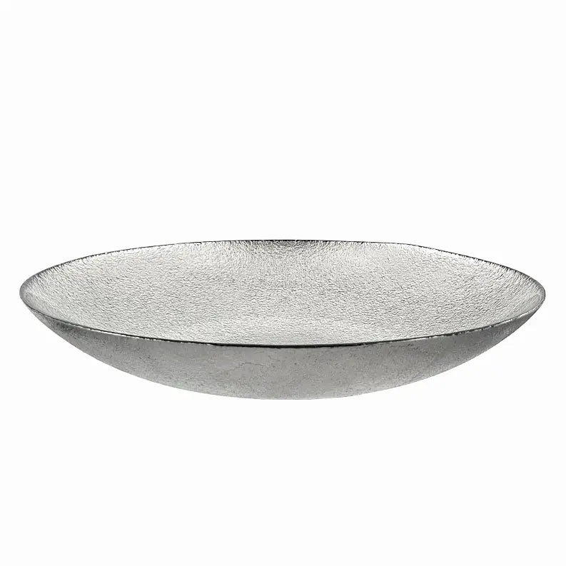 Stylish silver metal serving bowl with a textured finish, perfect for décor or dining.