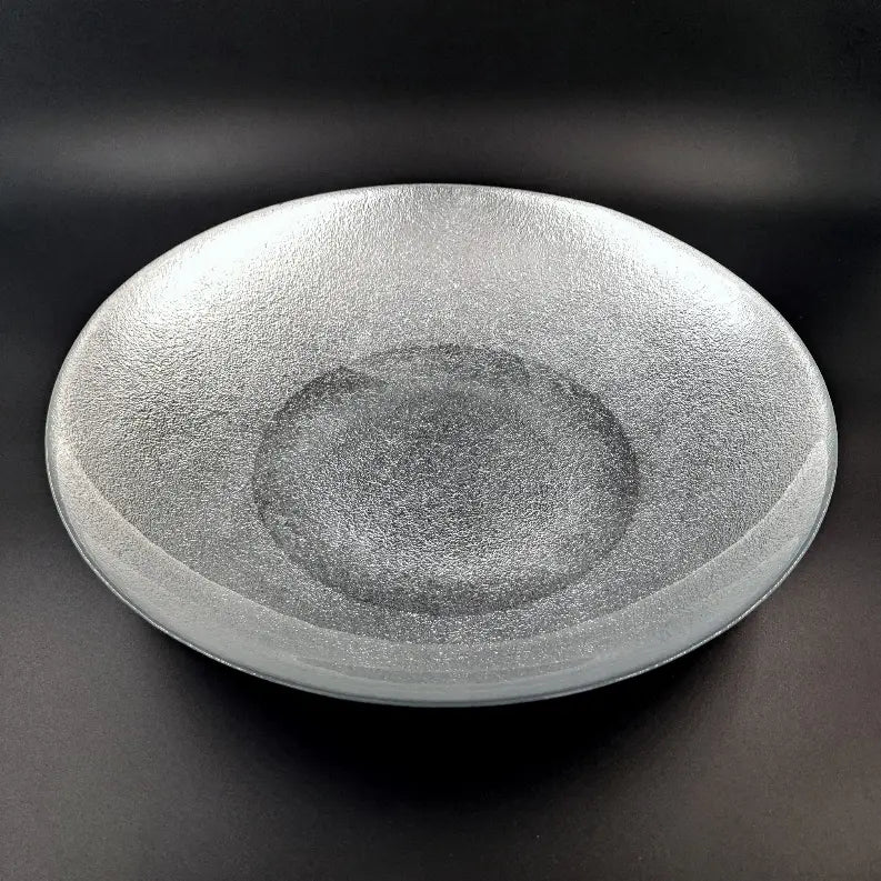 Clear textured glass serving platter, round shape, elegant design, perfect for entertaining or home decor.