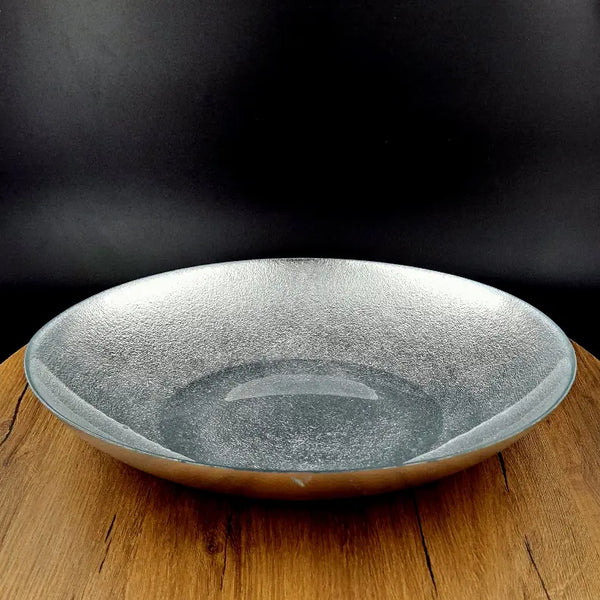 Frosted glass serving bowl, round shape, elegant design, perfect for entertaining, 12-inch diameter.